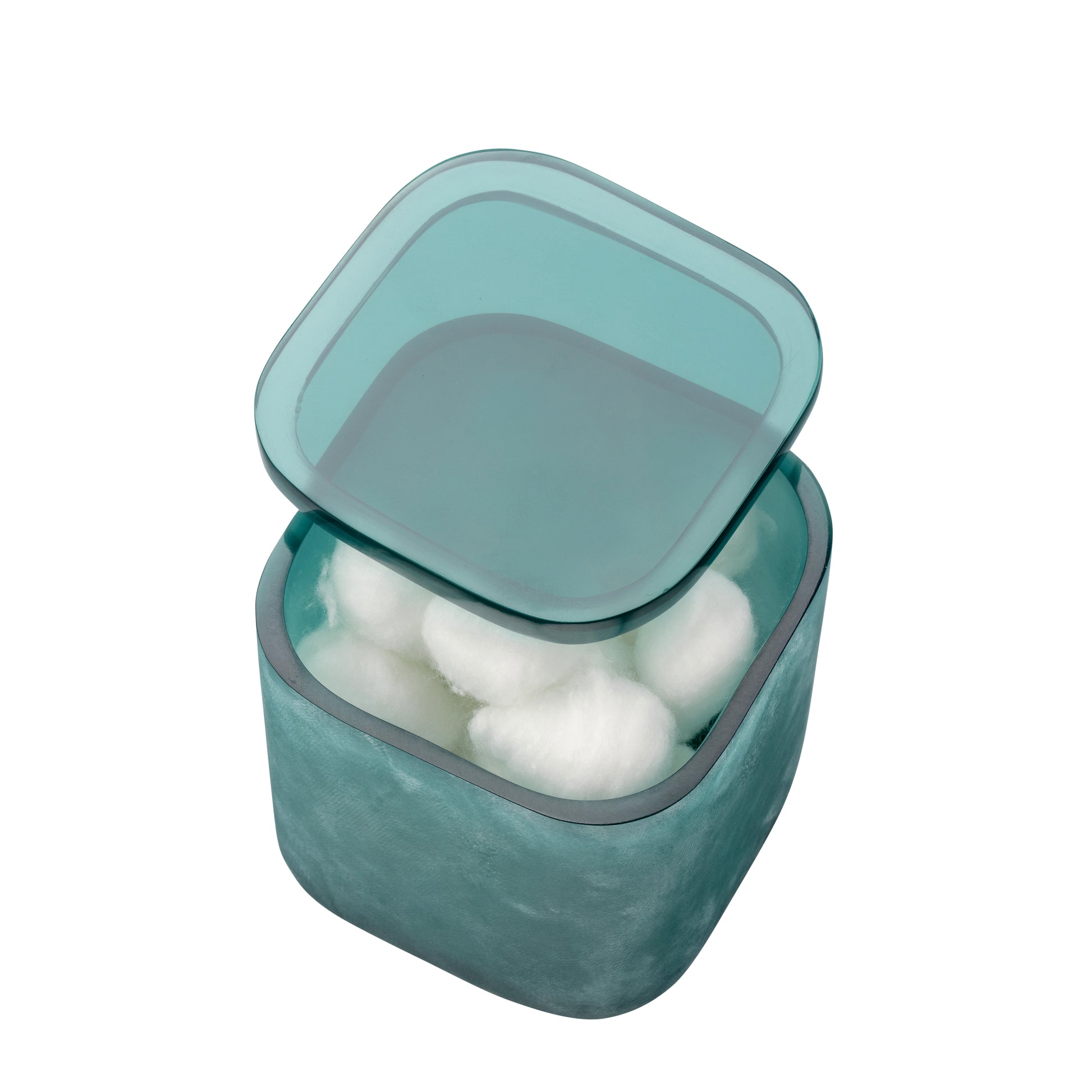 Turquoise | A square teal resin storage container with a matching translucent lid, shown open and filled with white cotton balls on a plain white background.