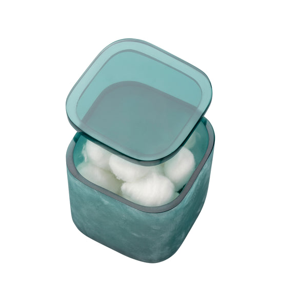 Turquoise | A square teal resin storage container with a matching translucent lid, shown open and filled with white cotton balls on a plain white background.