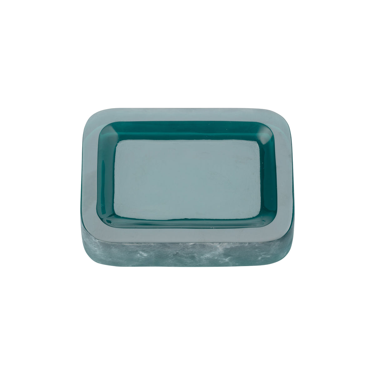 Turquoise | A square soap dish with rounded corners, featuring a deep teal interior and a lighter, frosted teal exterior, shown from a top-down view on a white background.