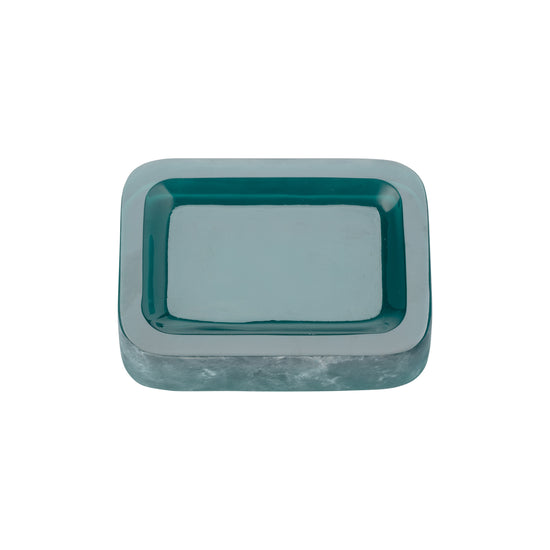 Turquoise | A square soap dish with rounded corners, featuring a deep teal interior and a lighter, frosted teal exterior, shown from a top-down view on a white background.