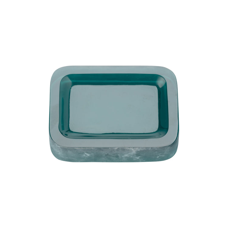 Turquoise | A square soap dish with rounded corners, featuring a deep teal interior and a lighter, frosted teal exterior, shown from a top-down view on a white background.