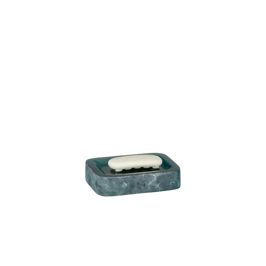 Turquoise | A small rectangular soap dish with a dark teal marbled base and a white scalloped handle, shown on a plain white background. 