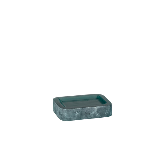 Turquoise | A small rectangular soap dish with rounded corners, featuring a dark teal interior and a textured, marbled gray-green exterior, shown on a plain white background.