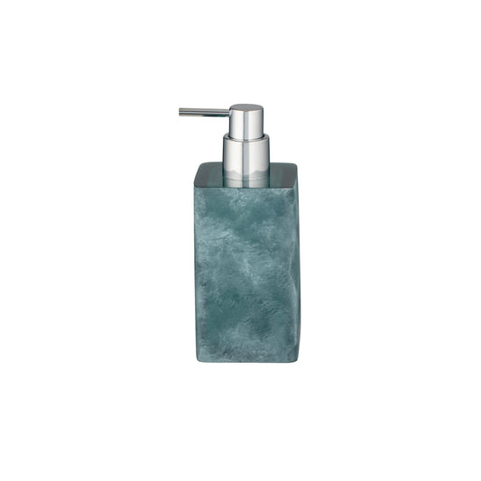 Turquoise | A rectangular soap dispenser with a textured slate blue-green body and a polished chrome pump dispenser, shown against a plain white background.