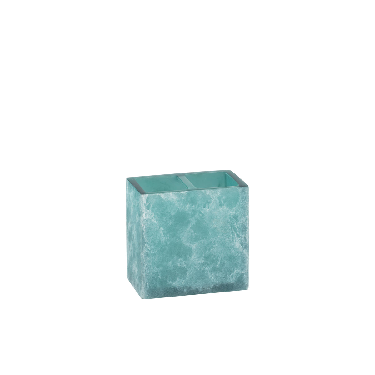 Turquoise | A square resin toothbrush holder with a brushed aqua and teal pattern, shown on a plain white background.