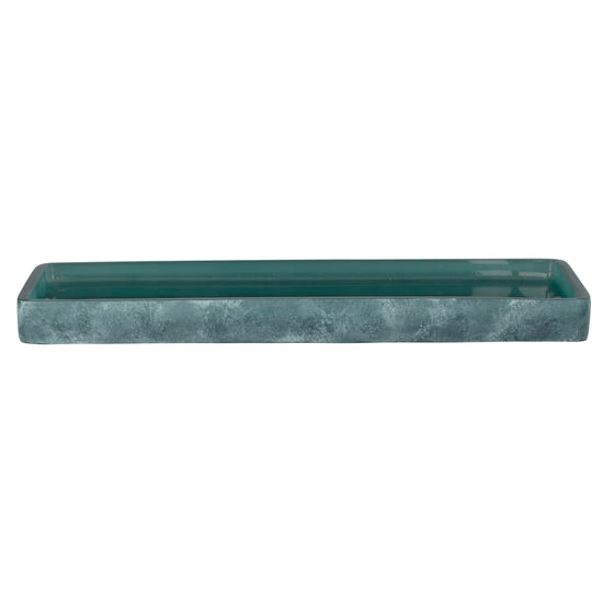 Turquoise | Front image of the ocean waves amenity tray for bathrooms on a white surface.
