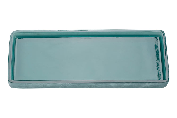 Turquoise | A rectangular resin bathroom tray with rounded corners and a glossy finish, shown from a top-down view on a plain white background.
