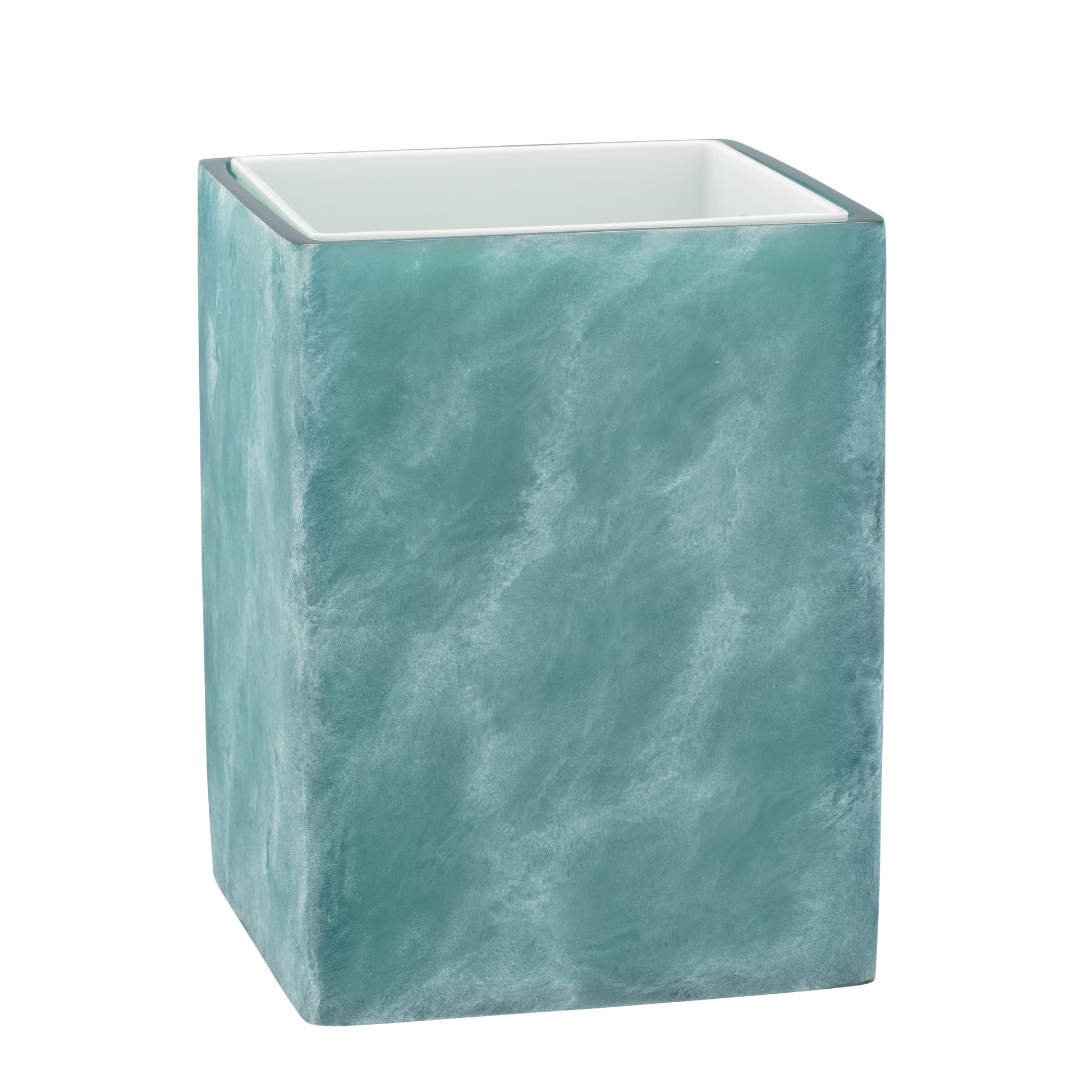 Turquoise | A square resin trashcan with a textured, marbled teal exterior and a smooth white interior, shown on a plain white background.