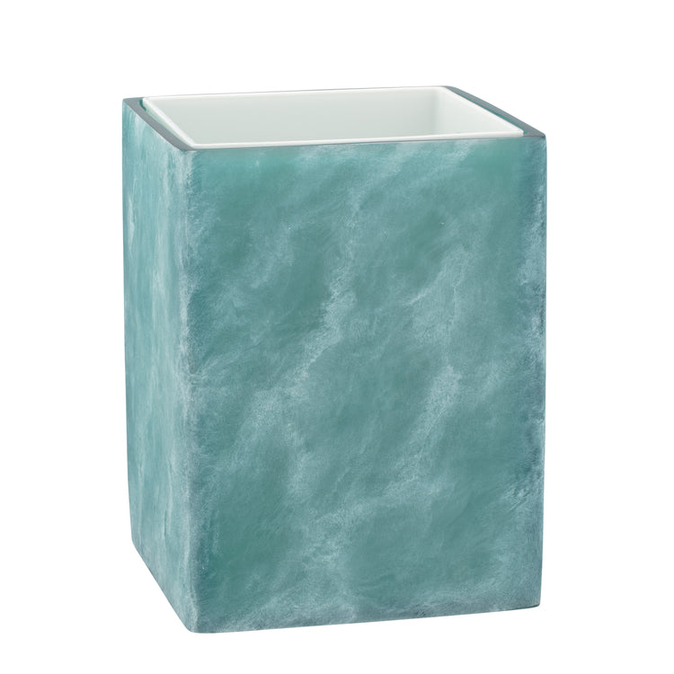 Turquoise | A square resin trashcan with a textured, marbled teal exterior and a smooth white interior, shown on a plain white background.