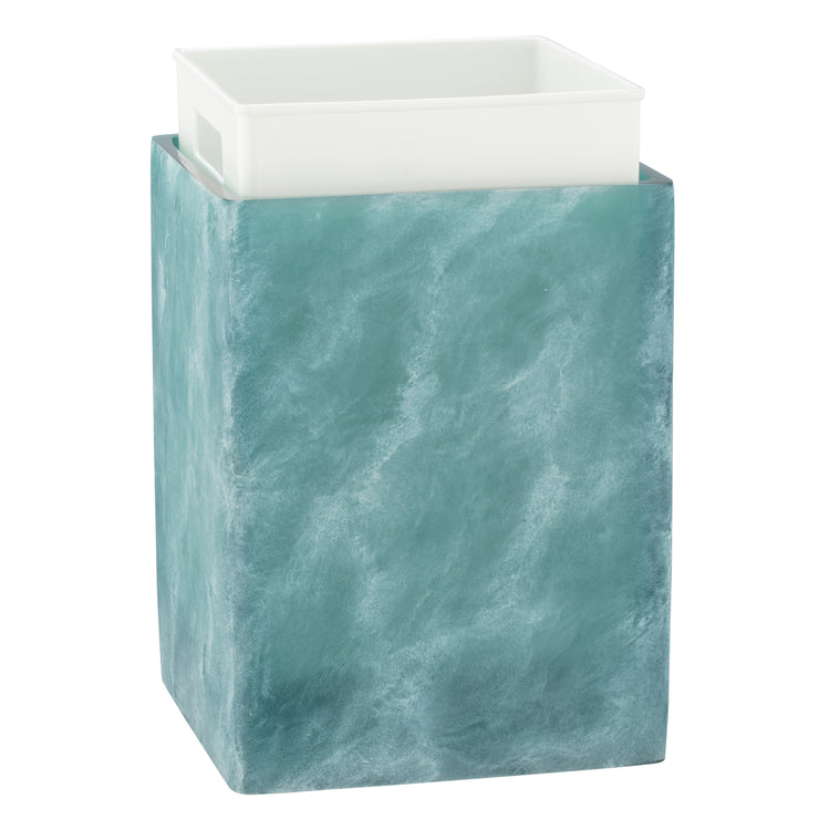 Turquoise | A teal and white marbled square wastebasket with a white square insert on top, shown against a plain white background.