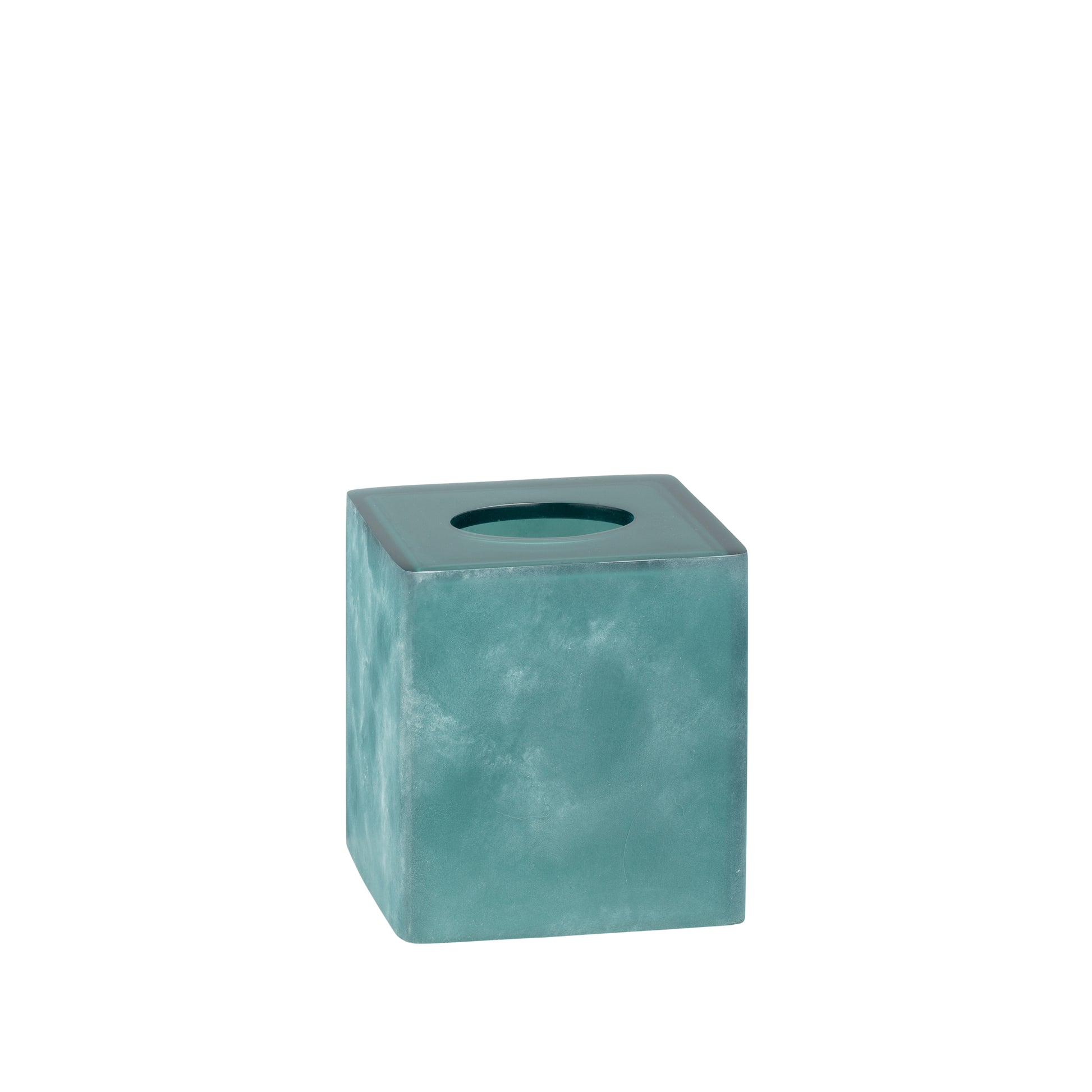 Turquoise | A square teal resin tissue box cover with a circular opening on top, shown against a plain white background.