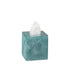 Turquoise | A square tissue box cover in a textured teal blue-green finish, with a white tissue paper partially pulled out from the top opening, set against a plain white background.
