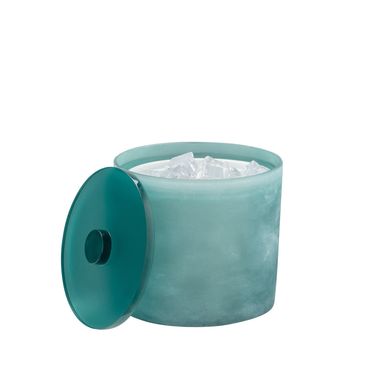 Turquoise | ice bucket filled with ice cubes and the lid off.