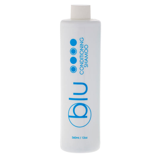 BLU 12oz Conditioning Shampoo bottle with a sleek design, offering hotel guests a nourishing and refreshing hair care experience.