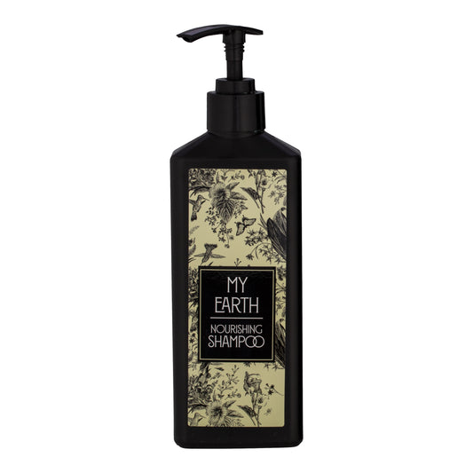 Black | My Earth nourishing shampoo pump bottle for hotels.