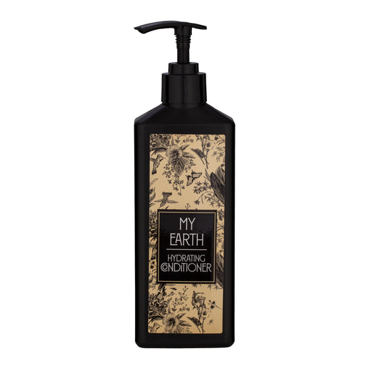 Black | My Earth hydrating conditioner pump bottle on a white background.