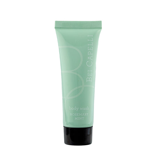 BEI CAPELLI Monogram 1oz Body Wash bottle with a sleek, travel-sized design, offering hotel guests a luxurious, single-use body wash experience for a refreshing and rejuvenating shower.