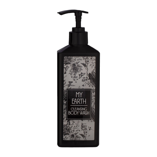 Black | My Earth Garden of Eden Cleansing Body Wash pump bottle on a white background.