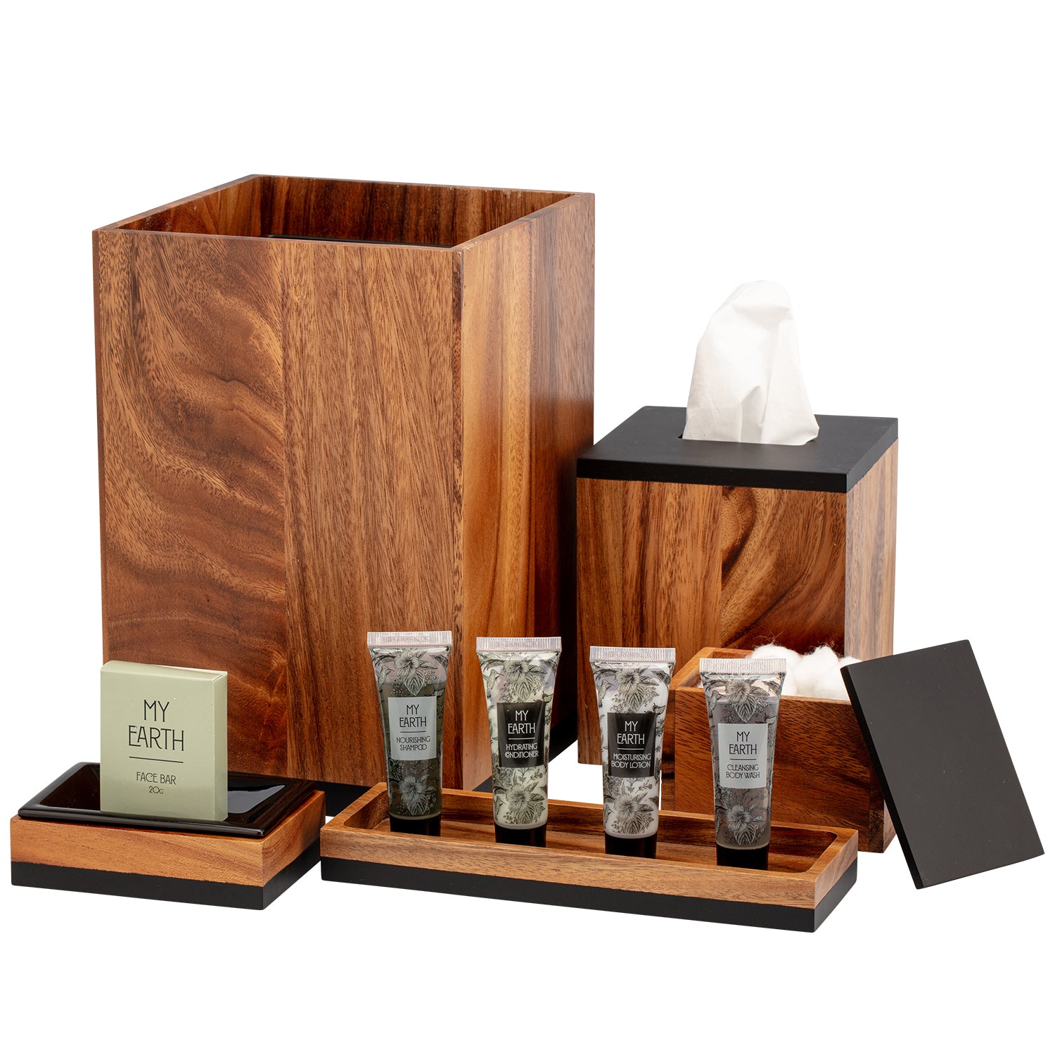 Natural | The rich acacia wood finish complements the elegant and modern décor of hotel bathrooms.