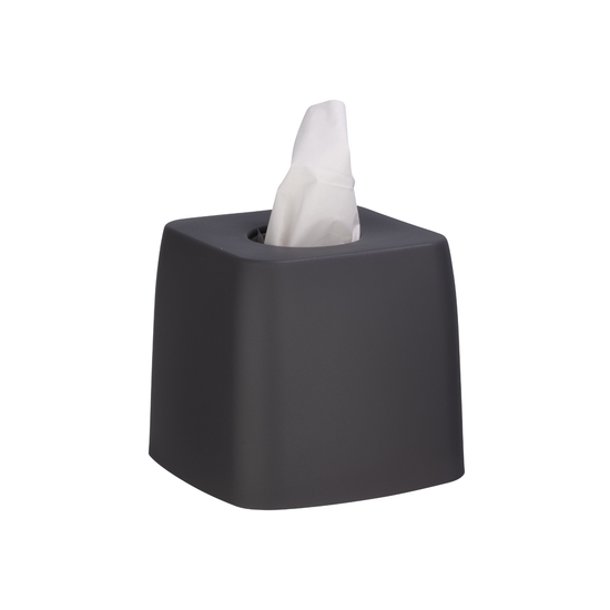 Pewter | Black square tissue box holder with white tissues on a white background