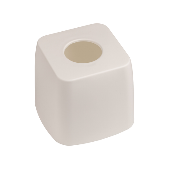 White | square-shaped tissue box holder with a circular indentation on a white background