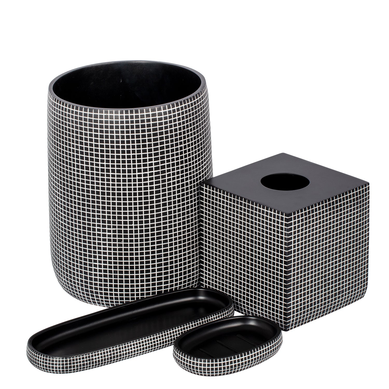 Black & White | Complete Mesh Line bath accessories set displayed featuring a modern textured design for a stylish touch.
