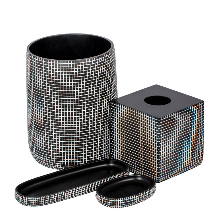 Black & White | Complete Mesh Line bath accessories set displayed featuring a modern textured design for a stylish touch.