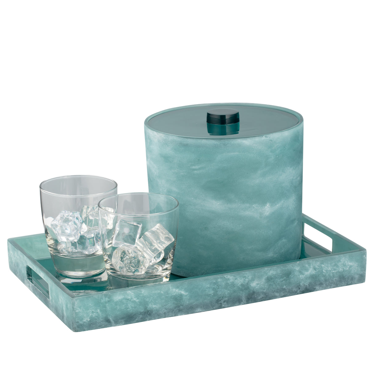 Turquoise | A teal marble-patterned ice bucket with a matching lid and two matching lowball glasses on a matching serving tray, shown on a white background.