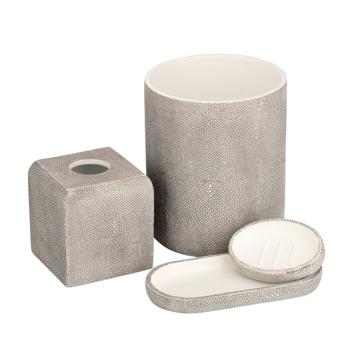Neutral | view of the Shagreen bath accessories collection, showcasing a cohesive and elegant design for a refined guestroom or spa setting.