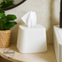 White | tissue box on a shelf with a plant and decorative items in the background