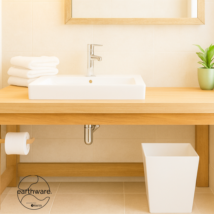 White | Bathroom vanity with sink, mirror, towels, and plant, featuring the earthware brand.