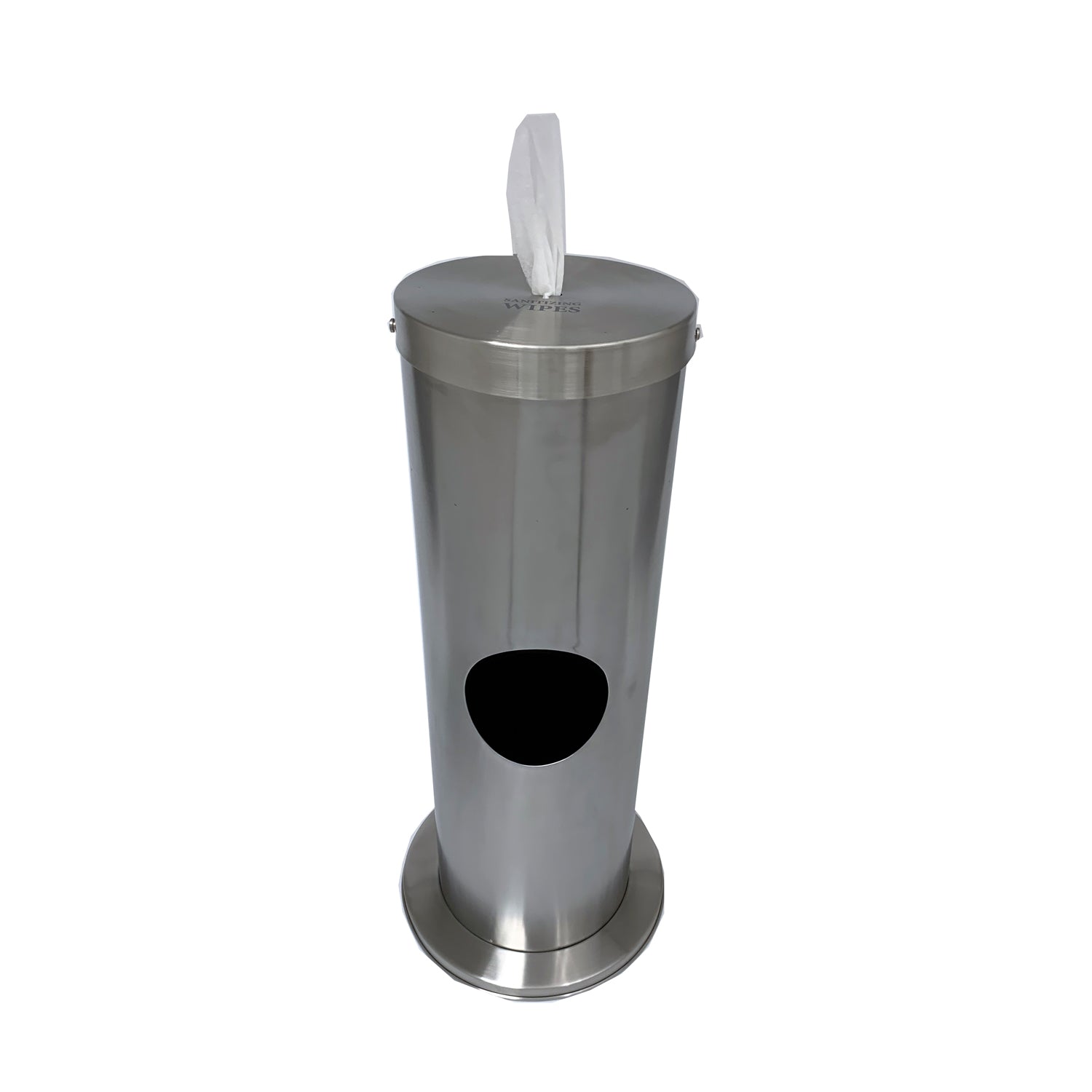 Brushed Stainless Steel | Hand Sanitizing Wipe Dispenser Station on a white background.
