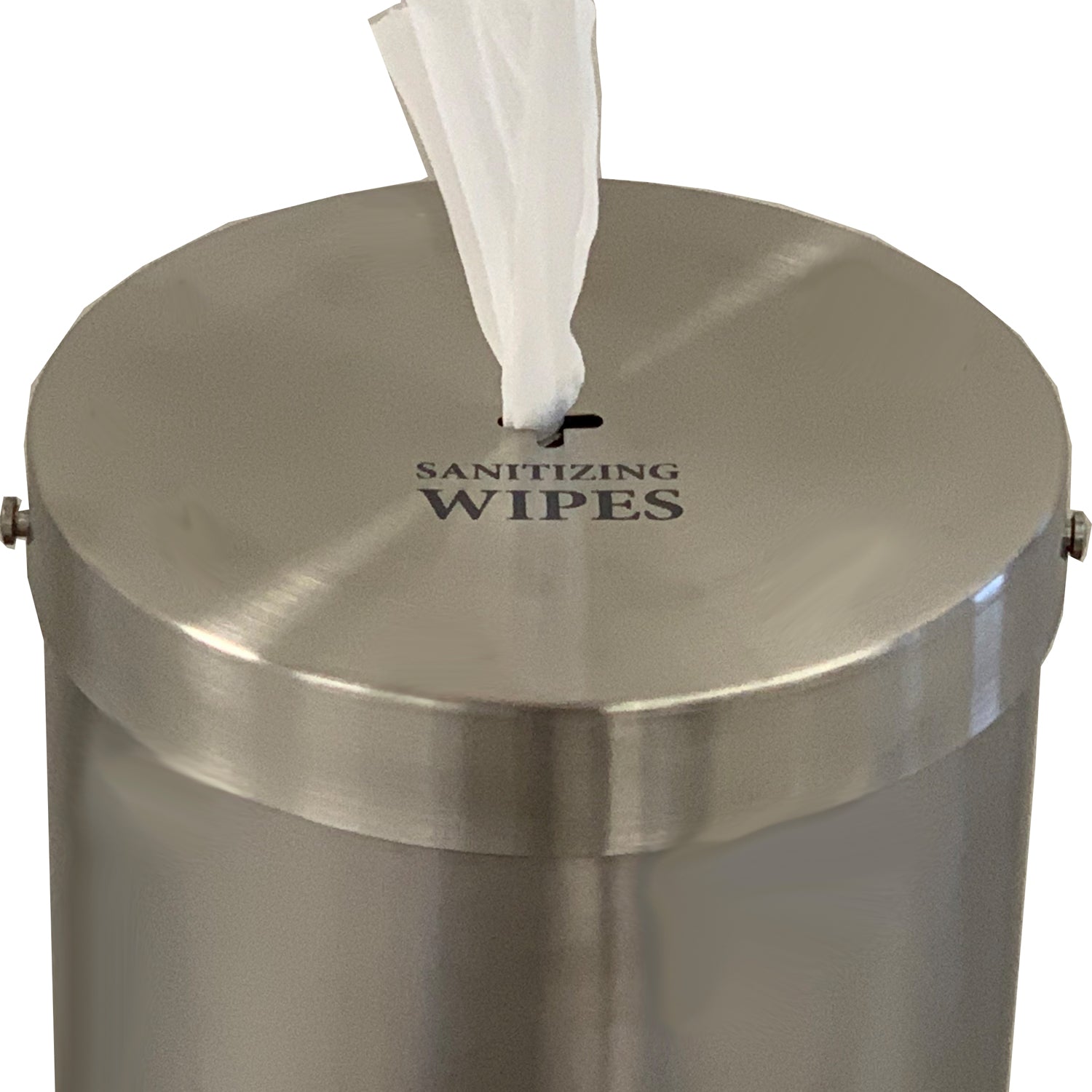 Brushed Stainless Steel | Close up the wipe dispenser for guests to pull the wipes from.