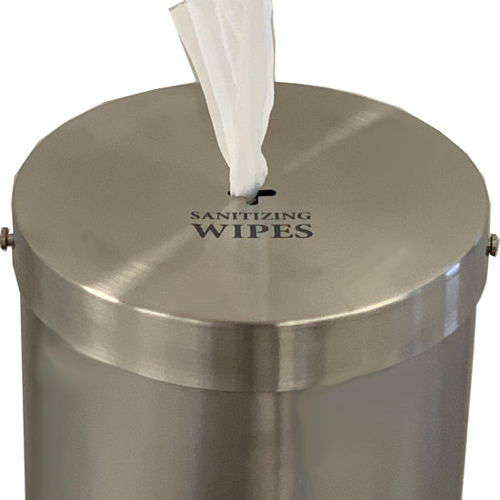 Brushed Stainless Steel | Close up the wipe dispenser for guests to pull the wipes from.